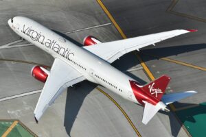 A virgin atlantic airplane on an airfield from above